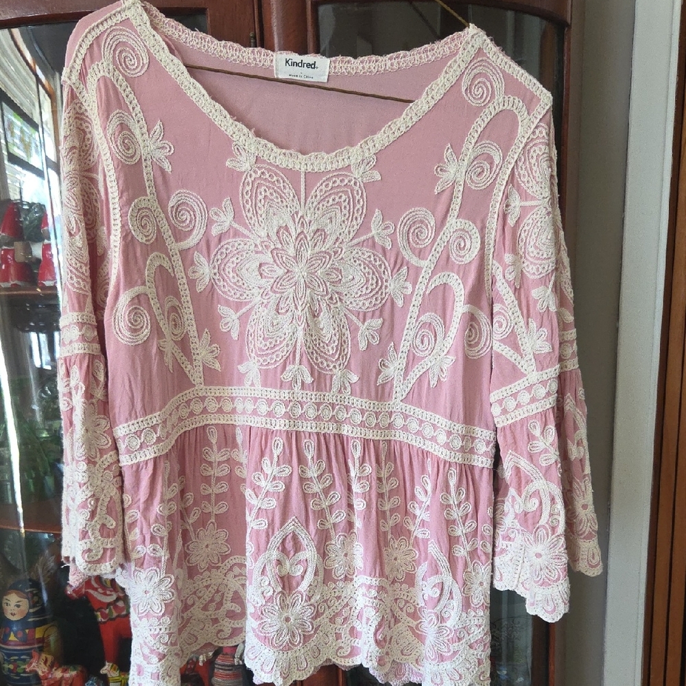 Pink Lace-Trim Peasant Top